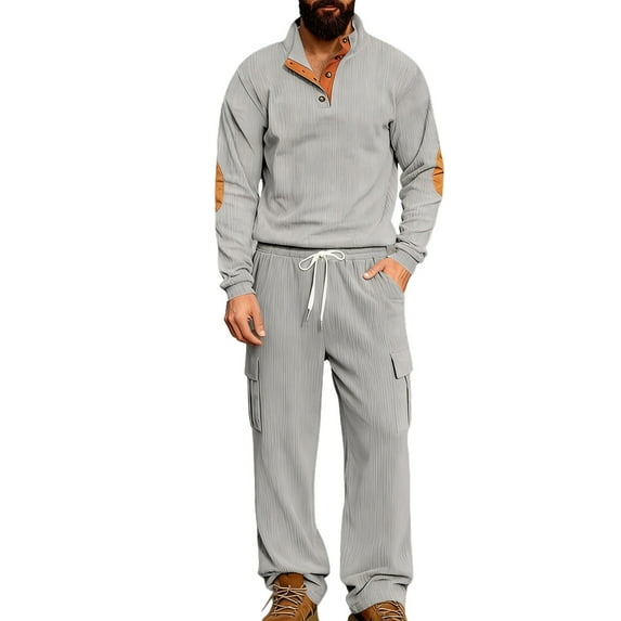 Mens 2 Piece Corduroy Outfits Colorblock Patchwork Long Sleeve Pullover & Wide Leg Cargo Pant Sets Multi Pocket (S, Gray)