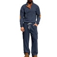 thumbnail image 1 of Mens 2 Piece Corduroy Outfits Colorblock Patchwork Long Sleeve Pullover & Wide Leg Cargo Pant Sets Multi Pocket (XL, Navy), 1 of 7