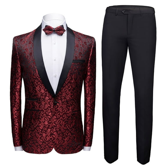 Mens 2 Piece Floral Jacquard Dress Suit Set 1 Button Print Dinner Jacket Pants-Red