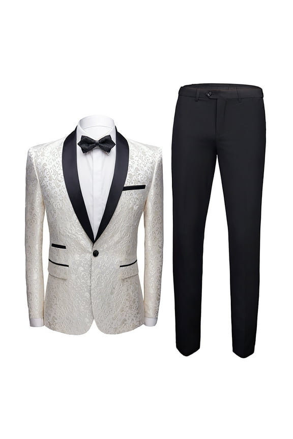 Mens 2 Piece Floral Jacquard Dress Suit Set 1 Button Print Dinner Jacket Pants-White