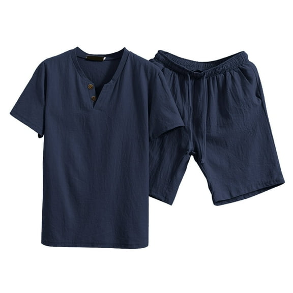 Mens 2 Piece Linen Outfit 1/4 Short Sleeve Collared Drawstring Street Outfit Drop Shoulder Athletic Fit Summer Casual Shirt and Short Set,Navy,L