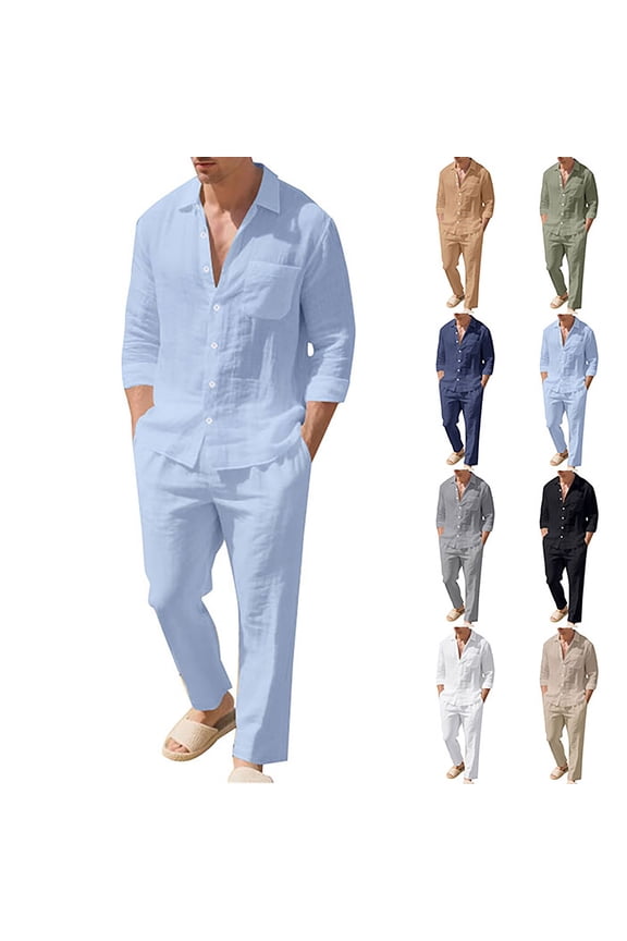 Mens 2 Piece Linen Outfits Long Sleeve Button Down Shirts And Loose Pant Set Summer Beach Outfits with Pockets Summer Beach Yoga Matching Outfits Beige S