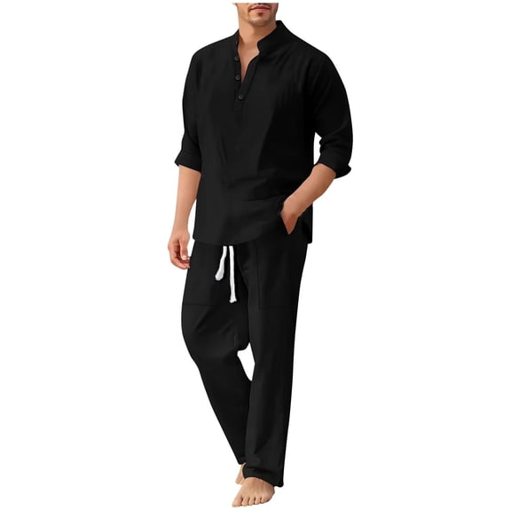 Mens 2 Piece Linen Outfits Long Sleeve Pullover Henley Shirt & Wide Wide Pant Sets Beach Fashion Loungewear (2XL, Black)