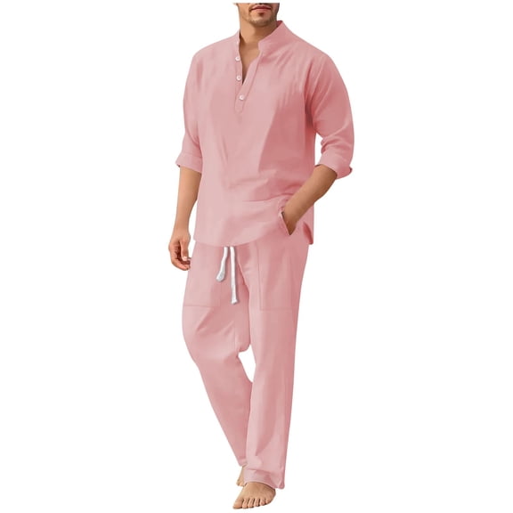 Mens 2 Piece Linen Outfits Long Sleeve Pullover Henley Shirt & Wide Wide Pant Sets Beach Fashion Loungewear (2XL, Pink)