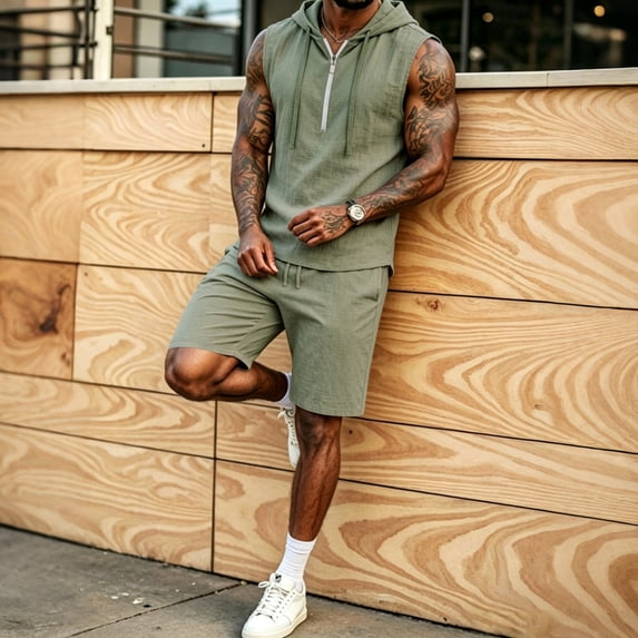 Mens 2 Piece Linen Outfits Sleeveless Hooded Tops Comfortable Shorts Workout Set Gym Tracksuit Sweatsuits Army Green XL
