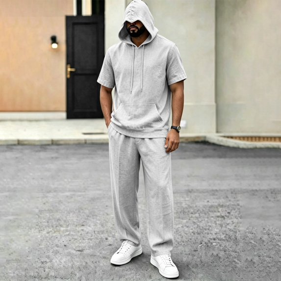 Mens 2 Piece Linen Set Short Sleeve Hoodies Pullover Sweatshirts Casual Long Pants Summer Outfits for Daily Wear Workout Sport Gray L