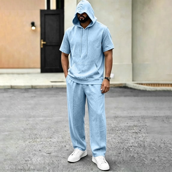 Mens 2 Piece Linen Set Short Sleeve Hoodies Pullover Sweatshirts Casual Long Pants Summer Outfits for Daily Wear Workout Sport Sky Blue XL