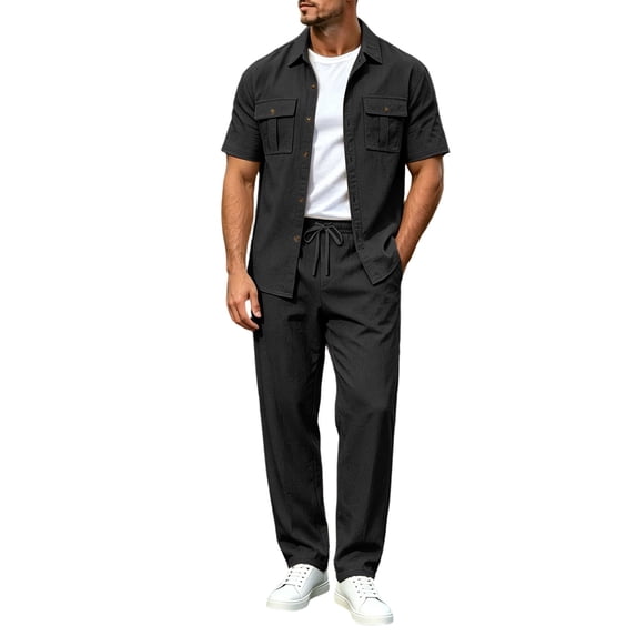 Mens 2 Piece Linen Set Summer Beach Button Down Short Sleeve Work Shirt Long Pant Vacation Casual Outfit Size 3XL Black