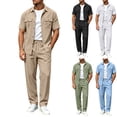thumbnail image 1 of Mens 2 Piece Linen Set Summer Beach Button Down Short Sleeve Work Shirt Long Pant Vacation Casual Outfit Size 3XL Khaki, 1 of 6