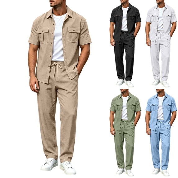 Mens 2 Piece Linen Set Summer Beach Button Down Short Sleeve Work Shirt Long Pant Vacation Casual Outfit Size 3XL Khaki