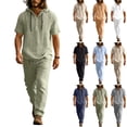 thumbnail image 1 of Mens 2 Piece Linen Set Summer Beach Short Sleeve Button Down Hooded Shirt Long Pant Vacation Casual Outfit with Short Sleeve Button-Up Top and Relaxed Long Pants Light Blue L, 1 of 6