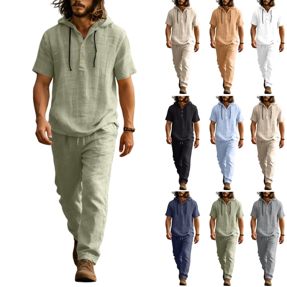 Mens 2 Piece Linen Set Summer Beach Short Sleeve Button Down Hooded Shirt Long Pant Vacation Casual Outfit with Short Sleeve Button-Up Top and Relaxed Long Pants Light Blue L