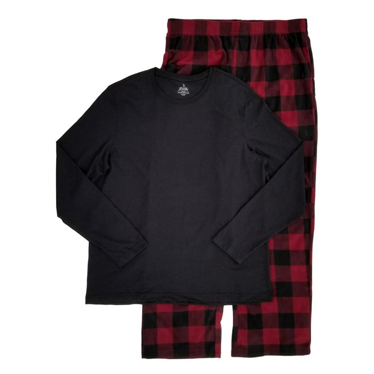 Mens Piece Long Sleeve Shirt Burgundy Plaid Fleece Pants