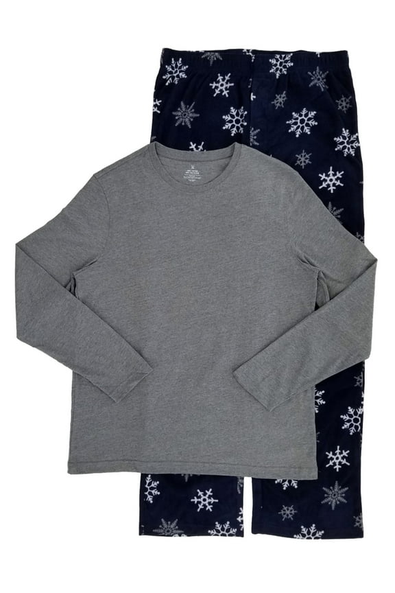 Mens 2 Piece Long Sleeve Shirt & Microfleece Snowflake Pants Pajama Sleep Set L
