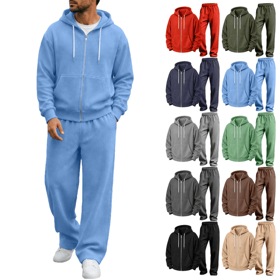 Mens 2 Piece Lounge Sets Hooded Long Sleeve Sweatshirt Jacket and Wide Leg Sweatpants Tracksuits with Pockets Vacation Travel Outfits
