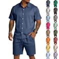 thumbnail image 1 of Mens 2 Piece Matching Set Gym Summer Sets Plus Size Beach Shirt and Shorts Fashion Drawstring Short Sleeve Outfits, 2XL, 1 of 7