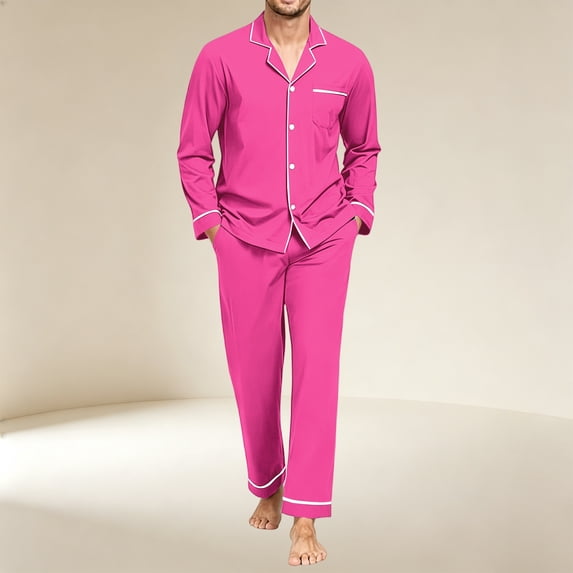 Mens 2 Piece Notch Collar Pajama Set Button Down Long Sleeve Long Pant Soft Sleep Loungewear Pink S