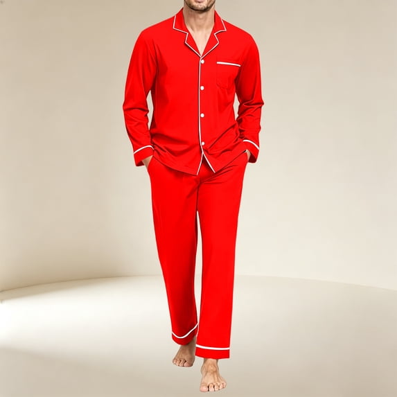 Mens 2 Piece Notch Collar Pajama Set Button Down Long Sleeve Long Pant Soft Sleep Loungewear Red 2XL