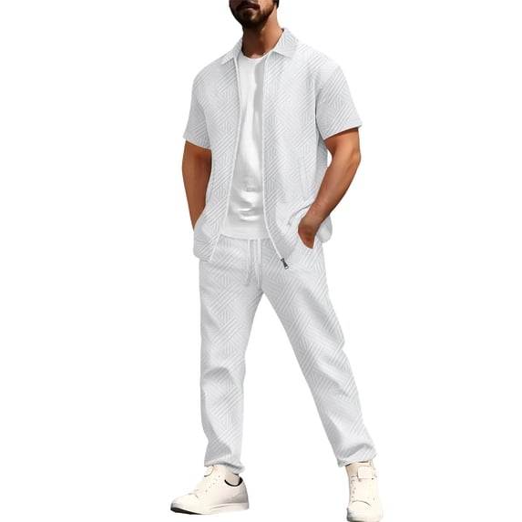 Mens 2 Piece Outfit Set Solid Lightweight Zipper Short Sleeve Cardigan Jacket And Elastic Waist Trousers Casual Daily Loungewear Travel Co Ord Suit White S