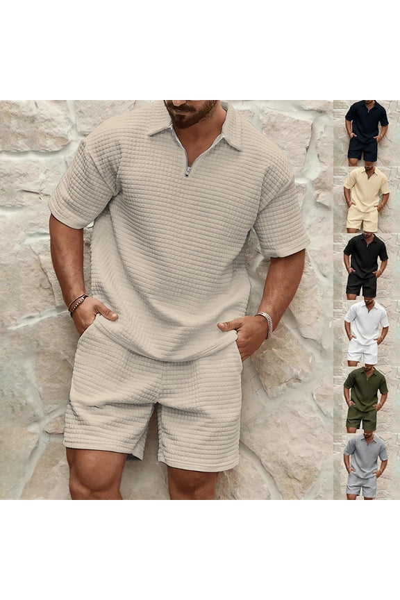 Mens 2 Piece Outfits 2026 Waffle Quarter Zip Short Sleeve Polo Shirts Bermuda Shorts Matching Set Summer Textured Lounge Set, S
