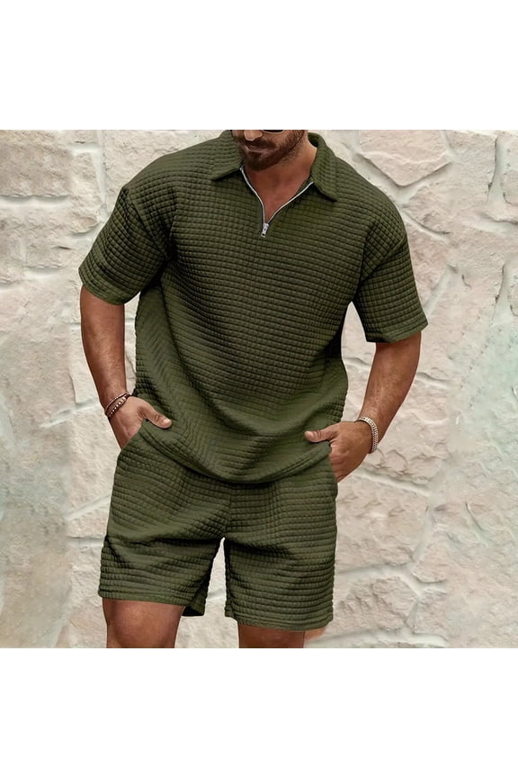Mens 2 Piece Outfits 2026 Waffle Quarter Zip Short Sleeve Polo Shirts Bermuda Shorts Matching Set Textured Beach Set Army Green 2XL