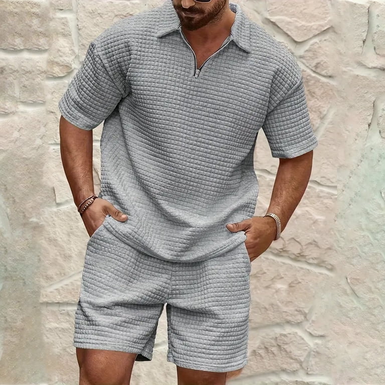 Mens 2 Piece Outfits Waffle Quarter Zip Short Sleeve Polo Shirts