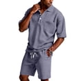 thumbnail image 1 of Mens 2 Piece Outfits Button Down Collar Short Sleeve Polo Shirts & Casual Shorts Sweatsuit Outfit Summer Vacation Beach Set, 1 of 8