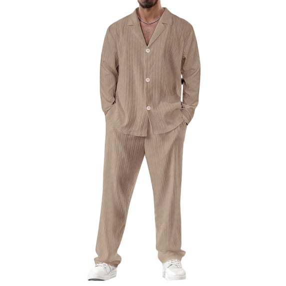 Mens 2 Piece Outfits Casual Summer Beach Textured Button Down Long Sleeve Shirt and Loose Pants Set