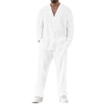thumbnail image 1 of Mens 2 Piece Outfits Casual Summer Beach Textured Button Down Long Sleeve Shirt and Loose Pants Set, 1 of 3