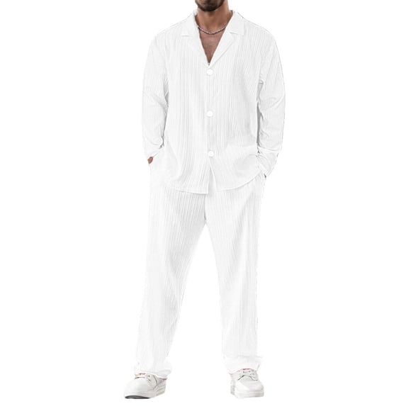Mens 2 Piece Outfits Casual Summer Beach Textured Button Down Long Sleeve Shirt and Loose Pants Set