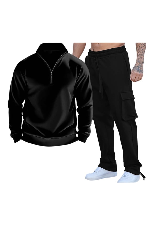 Mens 2 Piece Outfits - Half Zip Long Sleeve Sweatshirt with Cargo Pants Fall Winter Tracksuit Sets with Pockets