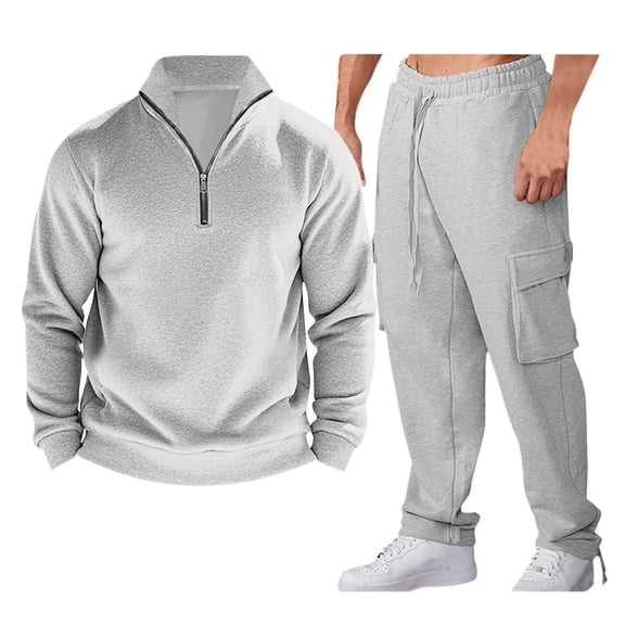 Mens 2 Piece Outfits - Half Zip Long Sleeve Sweatshirt with Cargo Pants Fall Winter Tracksuit Sets with Pockets