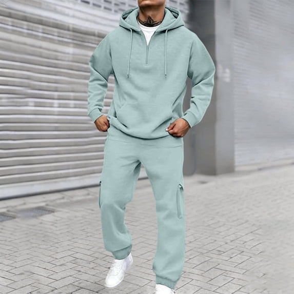 Mens 2 Piece Outfits Long Sleeve Half Zip Hoodies Joggers Solid Color Pullover Casual Streetwear Comfortable Tracksuit Men Light Blue M