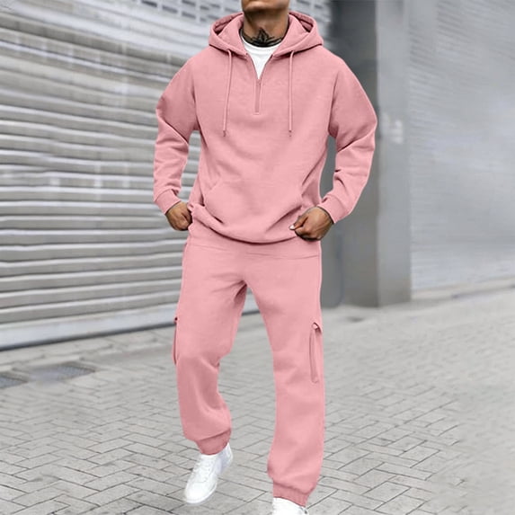 Mens 2 Piece Outfits Long Sleeve Half Zip Hoodies Joggers Solid Color Pullover Casual Streetwear Comfortable Tracksuit Men Pink XXXL