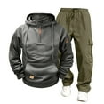 thumbnail image 1 of Mens 2 Piece Outfits Men's Quarter Zip Hooded Top and Pants Set Solid Color Casual Men's Long Sleeved Hooded and Cargo Pants Set Soft Drawstring Sweatpants Oversized Workout Sweatshirt, 1 of 3