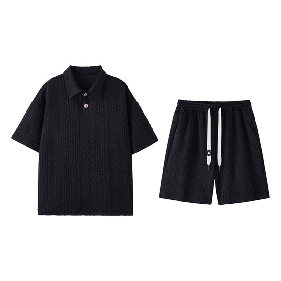 Mens 2 Piece Outfits Set Short Sleeve Button T Shirt Drawstring Shorts Sets Summer Casual Plus Size Solid Color Suits for Men