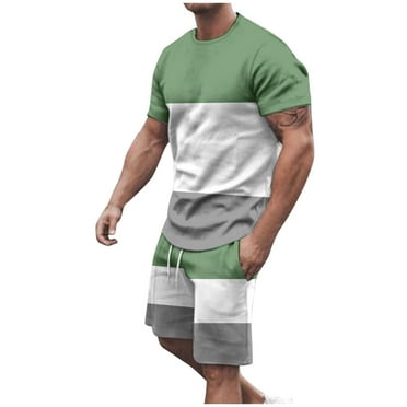 Mens 2 Piece Outfits Set Short Sleeve Crewneck Graphic Print Tracksuit Sets Summer Casual Running Gym Athletic T Shirt Drawstring Shorts Suits Sets