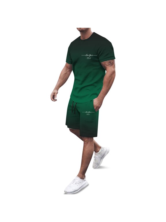 Mens 2 Piece Outfits Short Sets Workout Sets Gradient New York Print Loose T Shirt Summer Running Sports Beach Vacation Clothes for Men