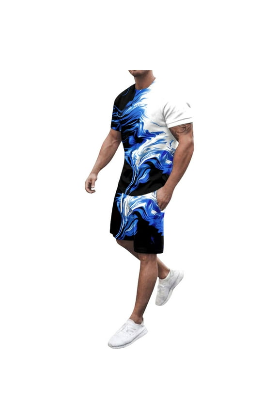 Mens 2 Piece Outfits Summer 1/4 Short Sleeve Tie-Dye Stretch-Fit Activewear Set Fashion Outdoor Casual Track Suits,Blue,L