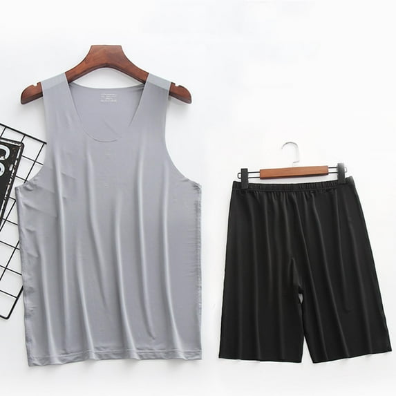 Mens 2 Piece Pajama Outfits Sets Silk L-4X Plus Size Lightweight Solid Sleeveless Tank Tops and Shorts Stretchy Slim Athletic Workout Suits
