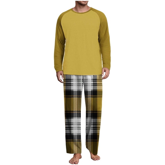 Mens 2 Piece Pajama Set Long Sleeve Raglan Shirt and Elastic Waist Pjs Plaid Pants Comfy Loose Homewear (2XL, Yellow 02)