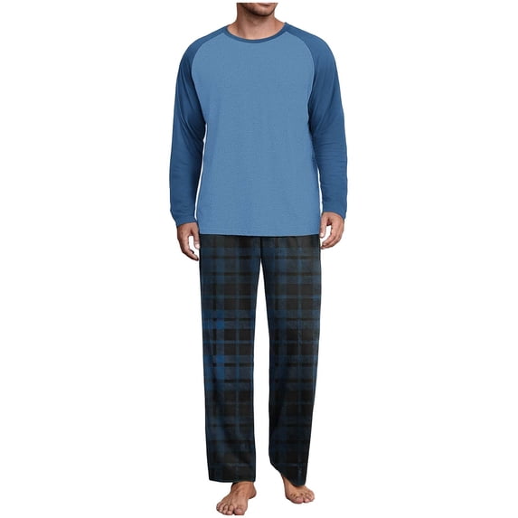 Mens 2 Piece Pajama Set Long Sleeve Raglan Shirt and Elastic Waist Pjs Plaid Pants Comfy Loose Homewear (L, Light Blue)