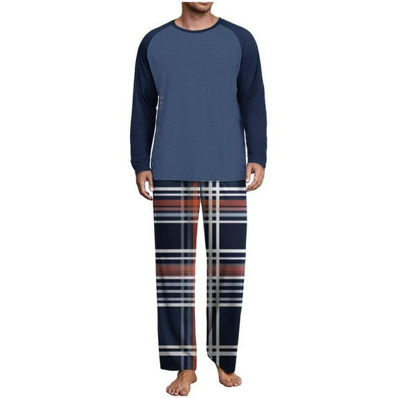 Mens 2 Piece Pajama Set Long Sleeve Raglan Shirt and Elastic Waist Pjs Plaid Pants Comfy Loose Homewear (XL, Navy 02)