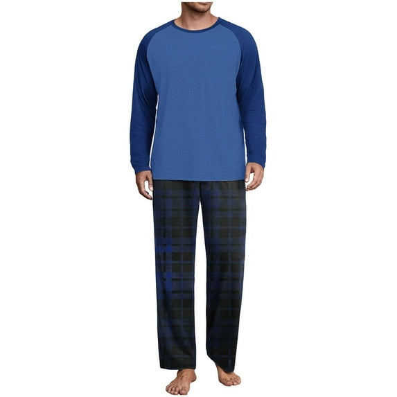 Mens 2 Piece Pajamas Set Comfy Loungewear Pjs Sleepwear Long Sleeve Crew Neck Top and Wide Leg Bottom Plaid Pants (L, Blue)