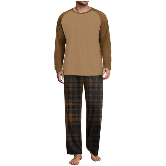 Mens 2 Piece Pajamas Set Comfy Loungewear Pjs Sleepwear Long Sleeve Crew Neck Top and Wide Leg Bottom Plaid Pants (M, Brown)