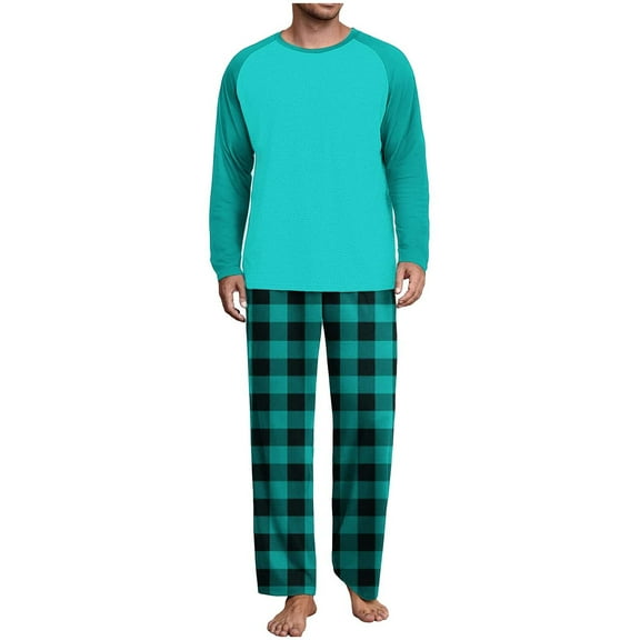 Mens 2 Piece Pajamas Set Comfy Loungewear Pjs Sleepwear Long Sleeve Crew Neck Top and Wide Leg Bottom Plaid Pants (XL, Mint Green)