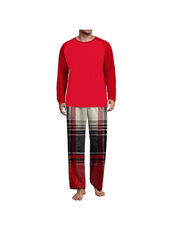 Mens 2 Piece Pajamas Set Comfy Loungewear Pjs Sleepwear Long Sleeve Crew Neck Top and Wide Leg Bottom Plaid Pants (XL, Red 02)