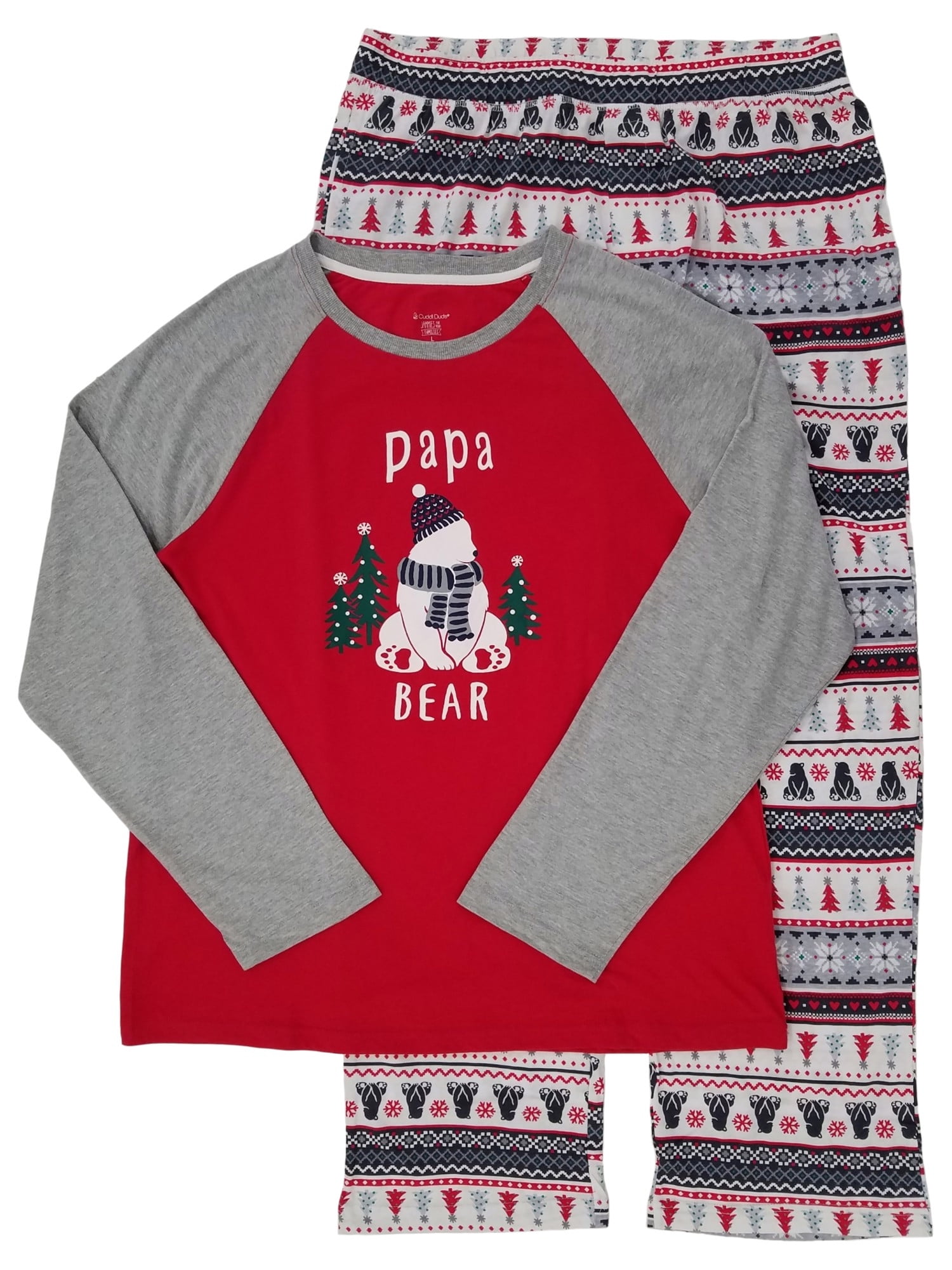 Mens 2 Piece Red Gray Papa Bear Christmas Long Sleeve Sleepwear Pajama Set L