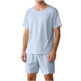 thumbnail image 1 of Mens 2-Piece Ribbed Knit Loungewear Outfits Crewneck T-Shirt & Elastic Waist Shorts Set Casual Breathable Sleepwear Set, 1 of 6