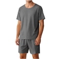 thumbnail image 1 of Mens 2-Piece Ribbed Knit Loungewear Outfits Crewneck T-Shirt & Elastic Waist Shorts Set Casual Breathable Sleepwear Set, 1 of 5